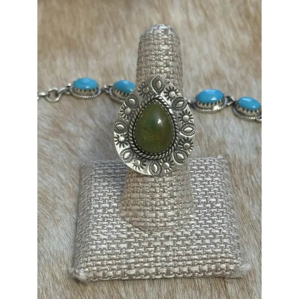 Native American SW Sterling Silver emerald valley Turquoise Ring Adj💚Stamped